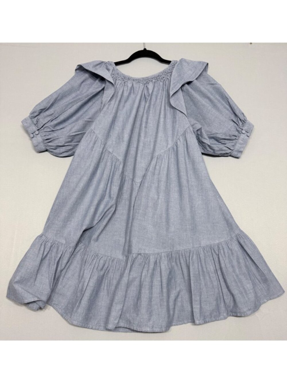 Free People Women’s Blue Ruffled Chambray Tunic Dress L Boho Style - Picture 2 of 9